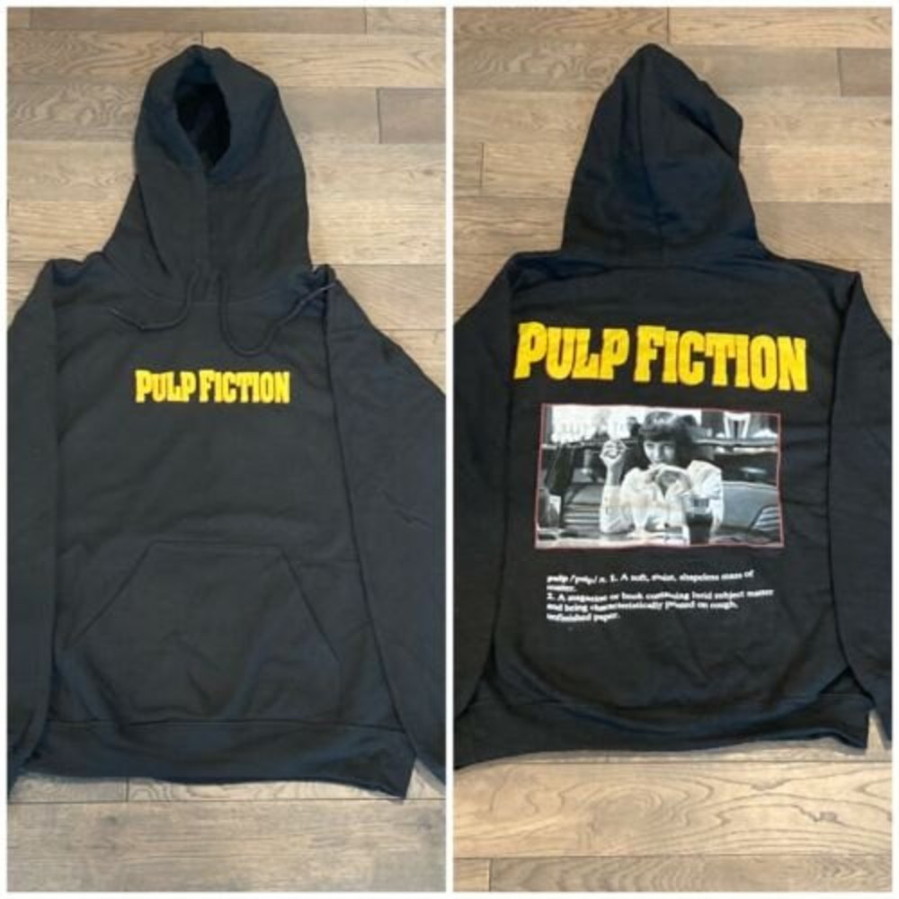 New Men's Small Black Pulp Fiction Movie Hoodie ~Mia Wallace Diner Scene & Logo